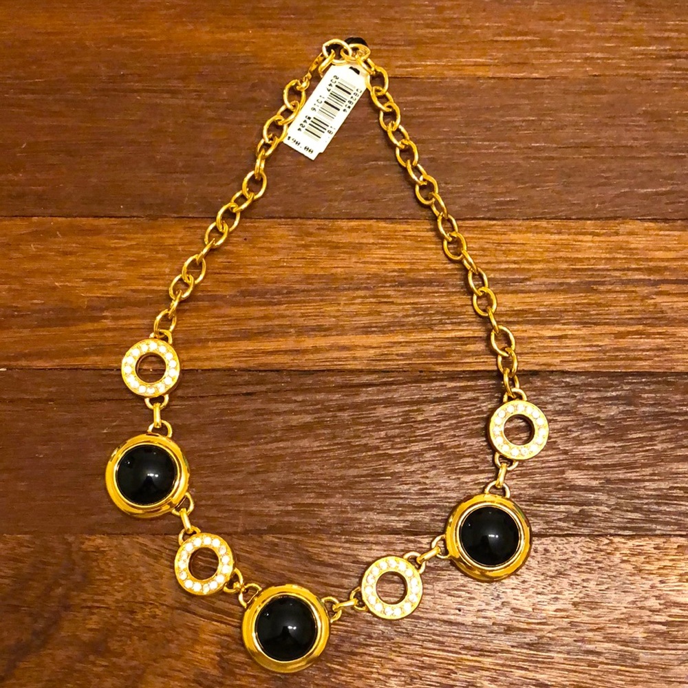 Monet Vintage Gold Tone Statement Necklace Black Cabochon Rhinestone Necklace